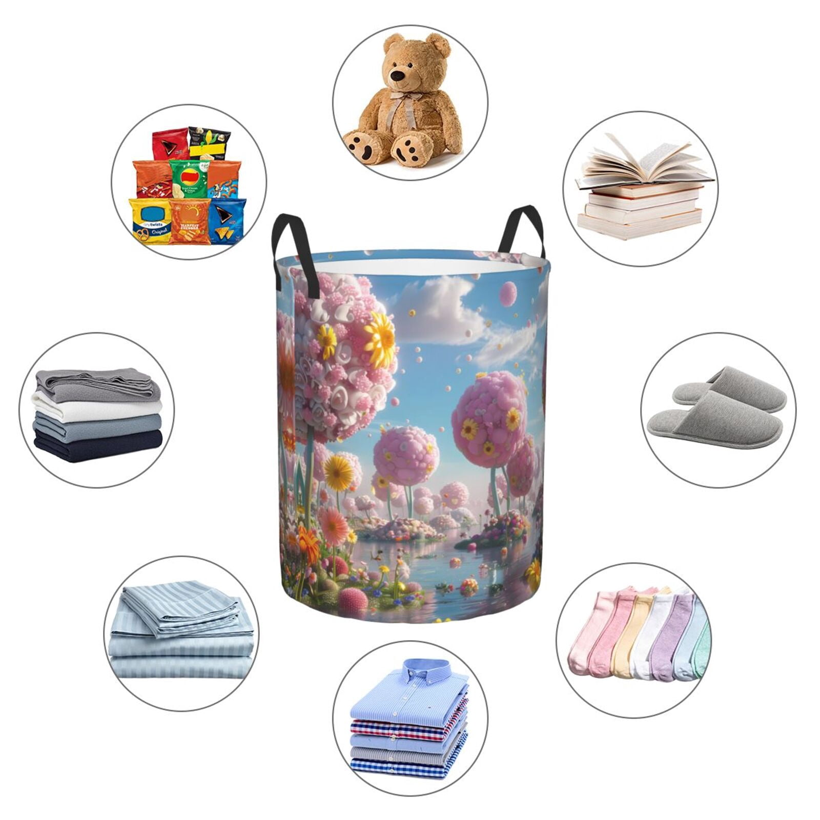 Large Laundry Basket with Handles - Fantasy Floral Pink Landscape Kids Baby Dirty Clothes Laundry Hamper for Bedroom Aesthetic