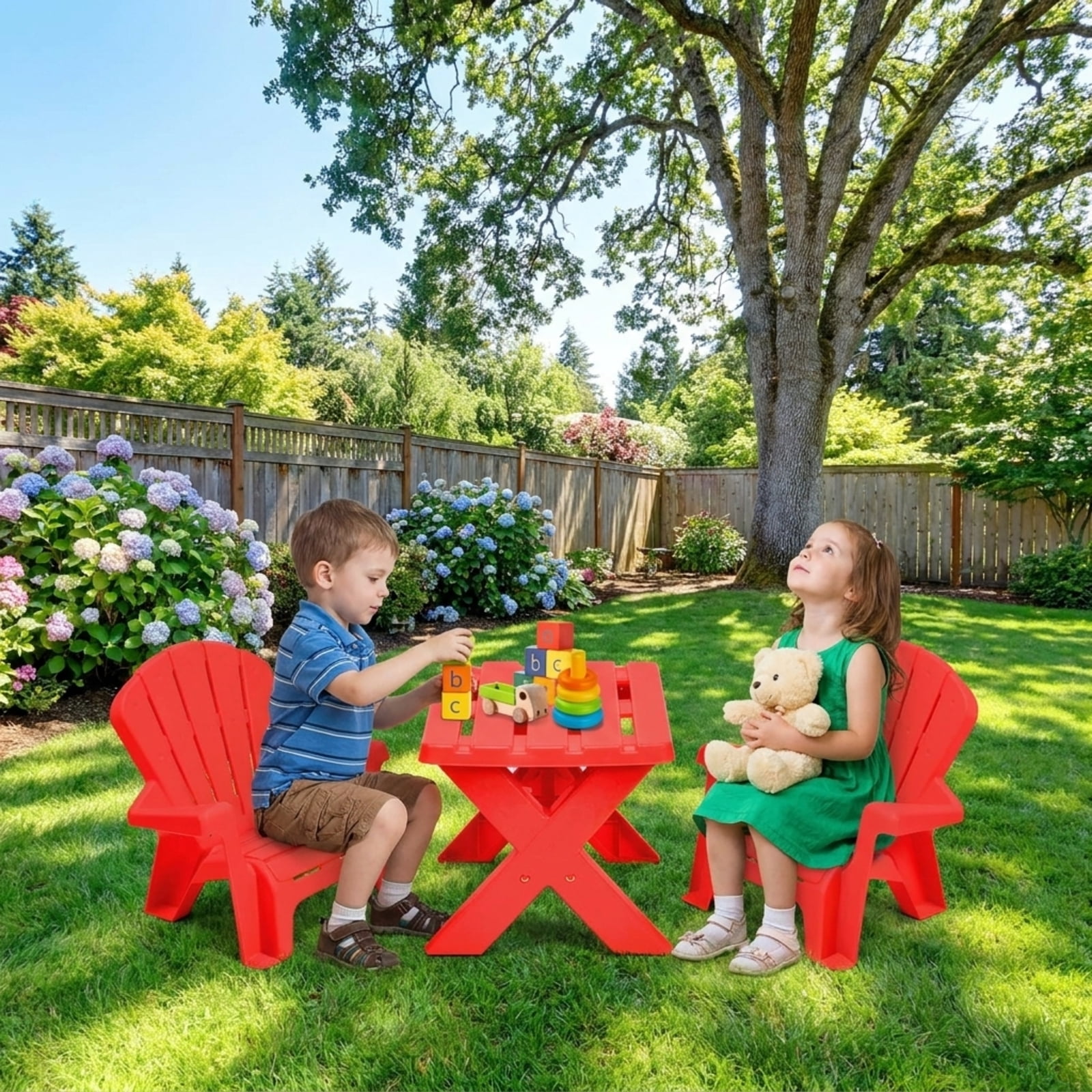 Furnibear 3-Piece Plastic Kids Table and Chair Set with Durable PP Build for Playroom and Outdoor Childrens Activity Table with 2 Chairs, Red