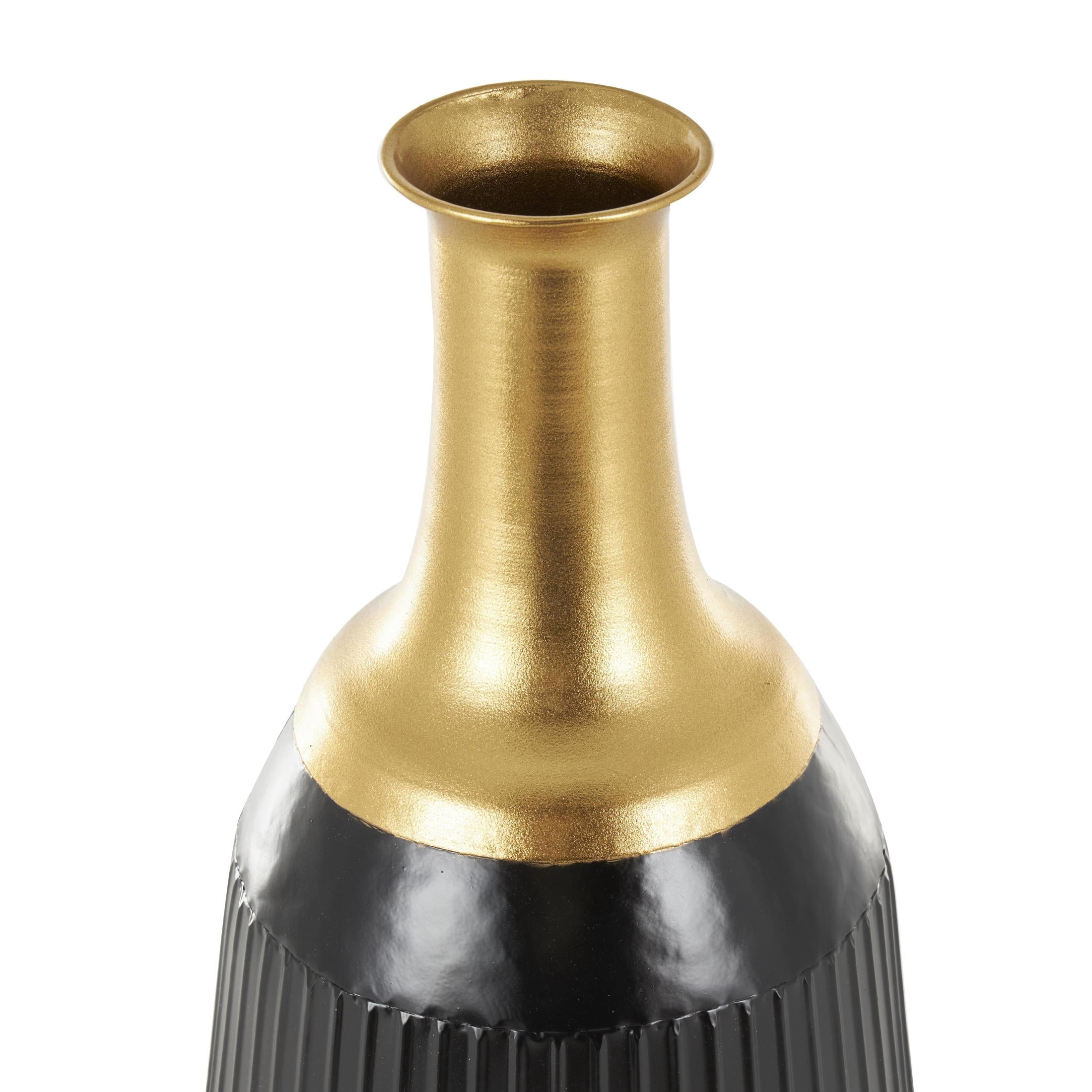 DecMode 30", 23"H Tall Ribbed Black Metal Vase with Gold Tops, Set of 2