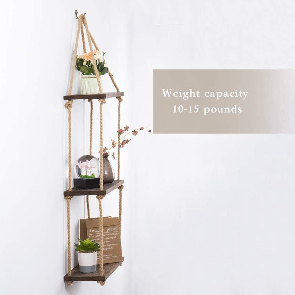 LIANTRAL Hanging Shelves 3 Tier Tiered Wood Shelves Rack Rope Shelf