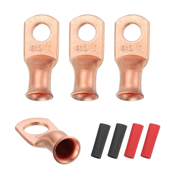 4 Pcs 5/16" Stud 4AWG Battery Cable End with 4pcs 3:1 Heat Shrink, Gold