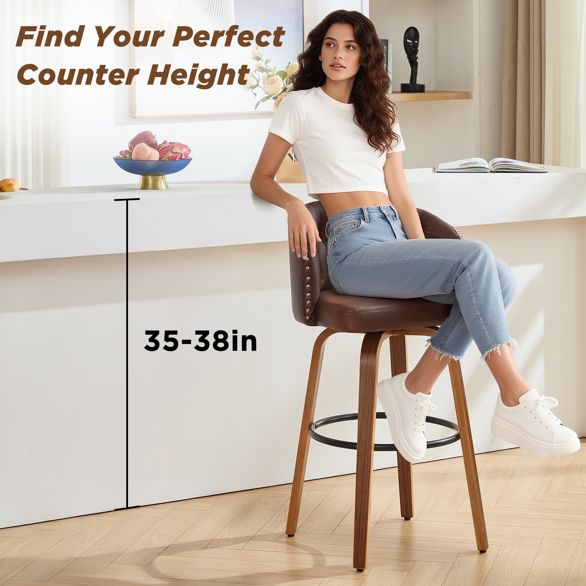 Fahomiss 26" Swivel Counter Height Bar Stools with Back Set of 2, Brown Leather Kitchen Stools