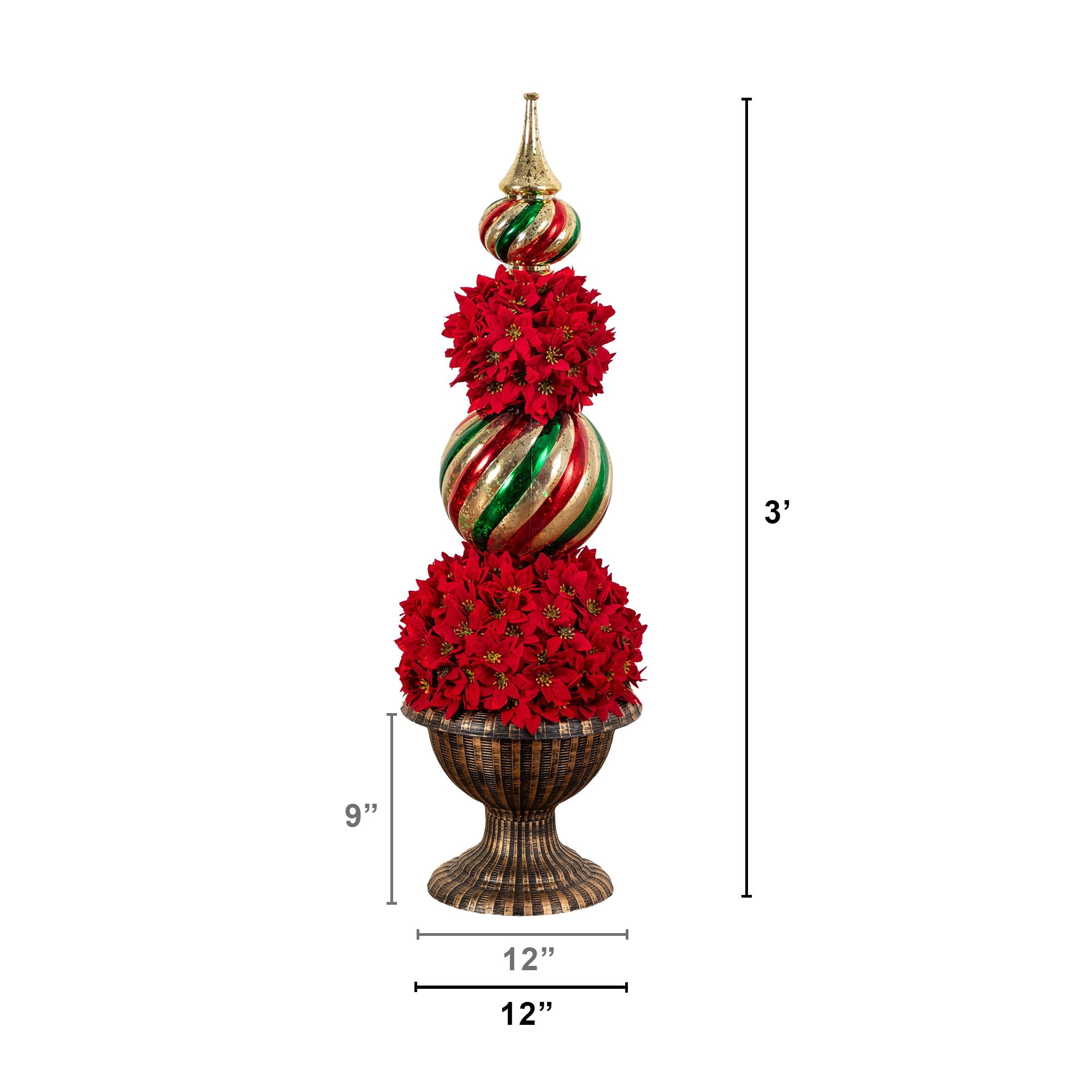 3ft. Pre-Lit Artificial Christmas Poinsettia Topiary Tree with Finial Ornament and 70 LED Lights in Decorative Urn