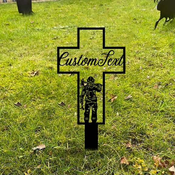Custom Personalized Metal Cross Memorial Stake, Firefighter Memorial Stake, Memory Cross Sign Gift, Remembrance Stake