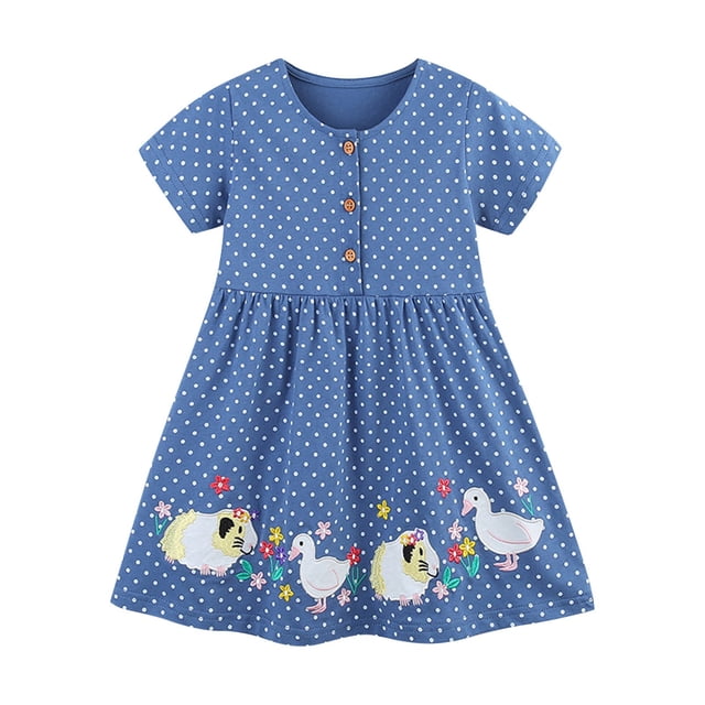 Odeerbi Vestido Niña Bordado Dibujos Animados Algodón Verano Línea A Vestido de Manga Corta Con Estampado de Dibujos Animados Para Niñas