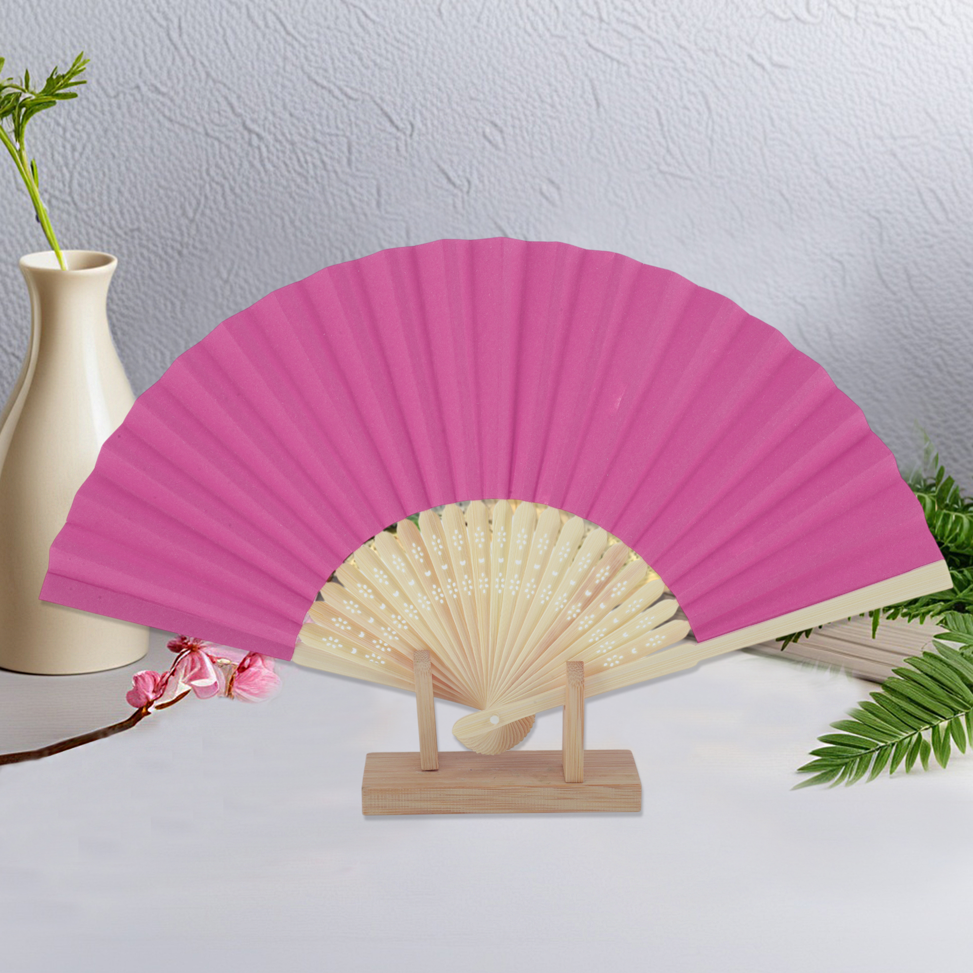 Unique Bargains Portable DIY 7-inch Folding Fan Rose Red