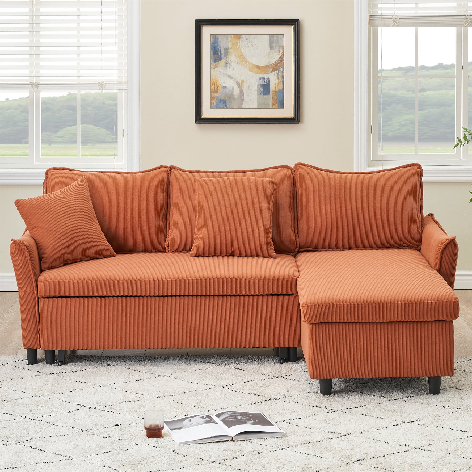Aukfa 80" Sofa Bed Couch Pull Out Sofa Bed with Storage Chaise, 2 Pillows, Corduroy, Orange