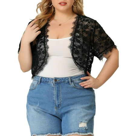 MODA NOVA Juniors' Plus Size Sheer Shrug Open Front Cardigan Lightweight Floral Lace Shrugs Tops Black 5X