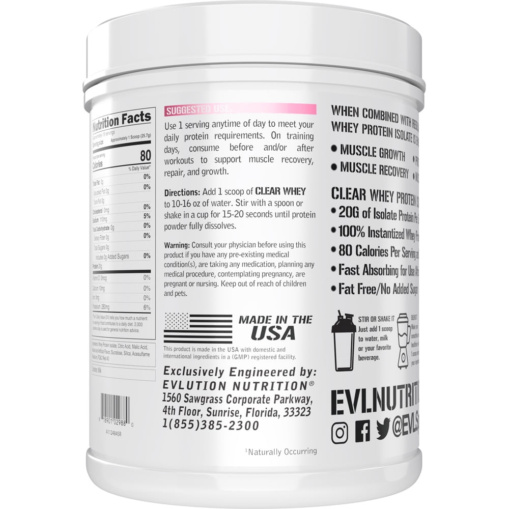 Evlution Nutrition Clear Whey - 100% Whey Protein Isolate - For Muscle Growth, Strength & Recovery - 20g Isolate Protein Per Serving - Fast Absorbing - Gluten & Fat Free - 1.1lb - Pink Lemonade