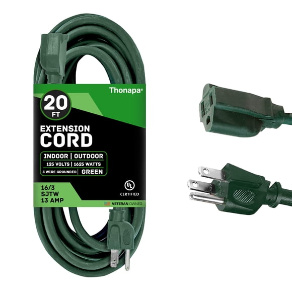 Thonapa 13 Amp Outdoor Extension Cord 20 ft, 16/3 SJTW 20ft Green Extension Cord 3 Prong, Weatherproof for Outdoor Lights, Landscaping & Lawn - US Veteran Owned