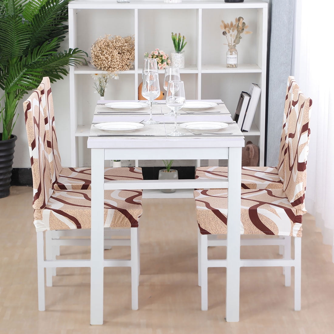 Unique Bargains Stretch Spandex Dining Chair Slipcover Khaki and Brown M