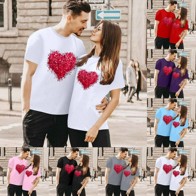 Chandails Assortis pour Couples de la Saint-Valentin Légers Mode à Imprimé Cœur Col Rond Décontracté Tunique à Manches Courtes T-Shirt Confortable Doux Respirant Blouse Tee pour Lui et Elle Blanc m