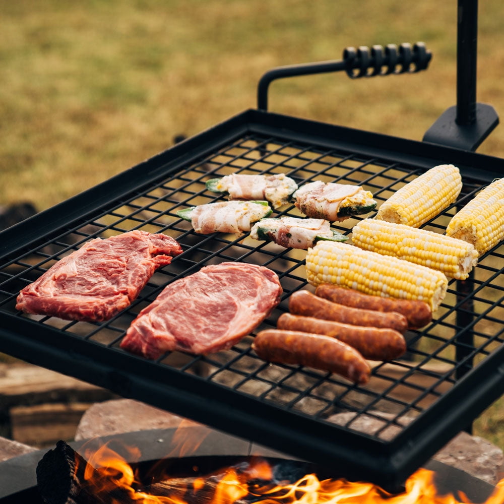 Campfire Cook Steak With Grill Open Or Closed Ash Ember Adjustable