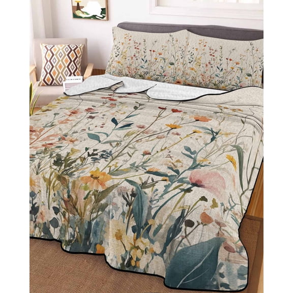 Vintage Botanical Queen Size Down Alternative Comforter, Lightweight Comforter Quilt Bedding Set with Pillow Shams Spring Floral Summer Botanical Rustic All Seasons Bed Comforter Duvet Insert 90"x96"