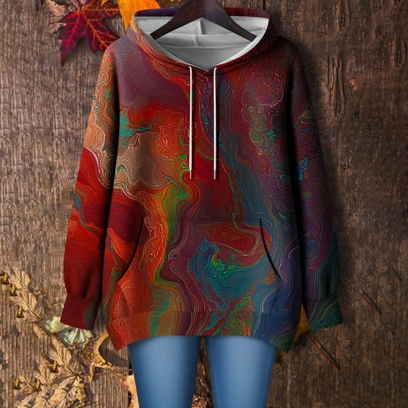 Sweatshirts for Women Plus Size Hooded Pocket Long Sleeved Print Loose Off Shoulder Sweatshirt S-5XL Wine XL