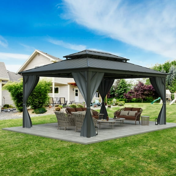 12'x16' Hardtop Gazebo for All Weather, with Aluminum Alloy Frame, Double Metal Roof, and Net and Curtain, Permanent Building of Backyard Luxury for Patio, Deck, Backyard, Lawn, and Garden