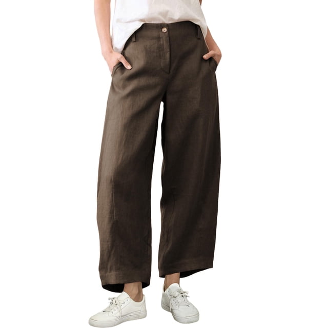Pantalones capri holgados de lino para mujer, estilo casual, color café, talla M