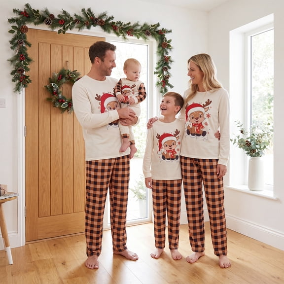 Christmas Pajamas for Family Plaid and Reindeer Print Holiday Matching Pajamas Sleepwear