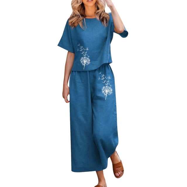 Ensembles en Lin 2025 pour Femmes Pantalons Habillés pour Femmes 2 Pcs Dames Coton Tailleurs Pantalons Juniors Formels Blouse à Manches Courtes Imprimée Pantalon Ample Court Tailleur Deux Pièces Pantalon