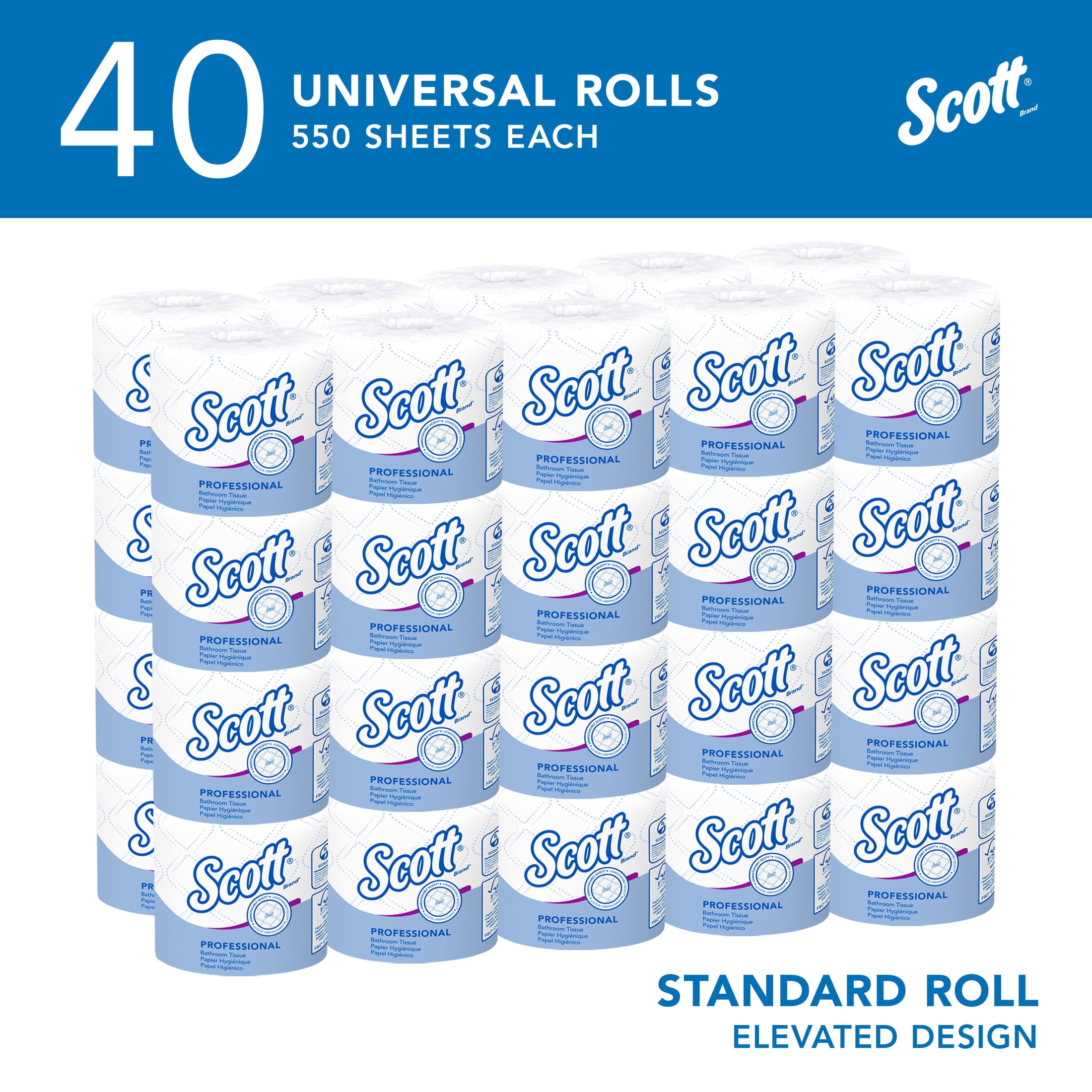 Scott Professional Standard Roll Toilet Paper, Bulk (48040), 2-Ply, Elevated Design, White, Individually Wrapped (40 Rolls of 550 Sheets, 22,000 Sheet Total)
