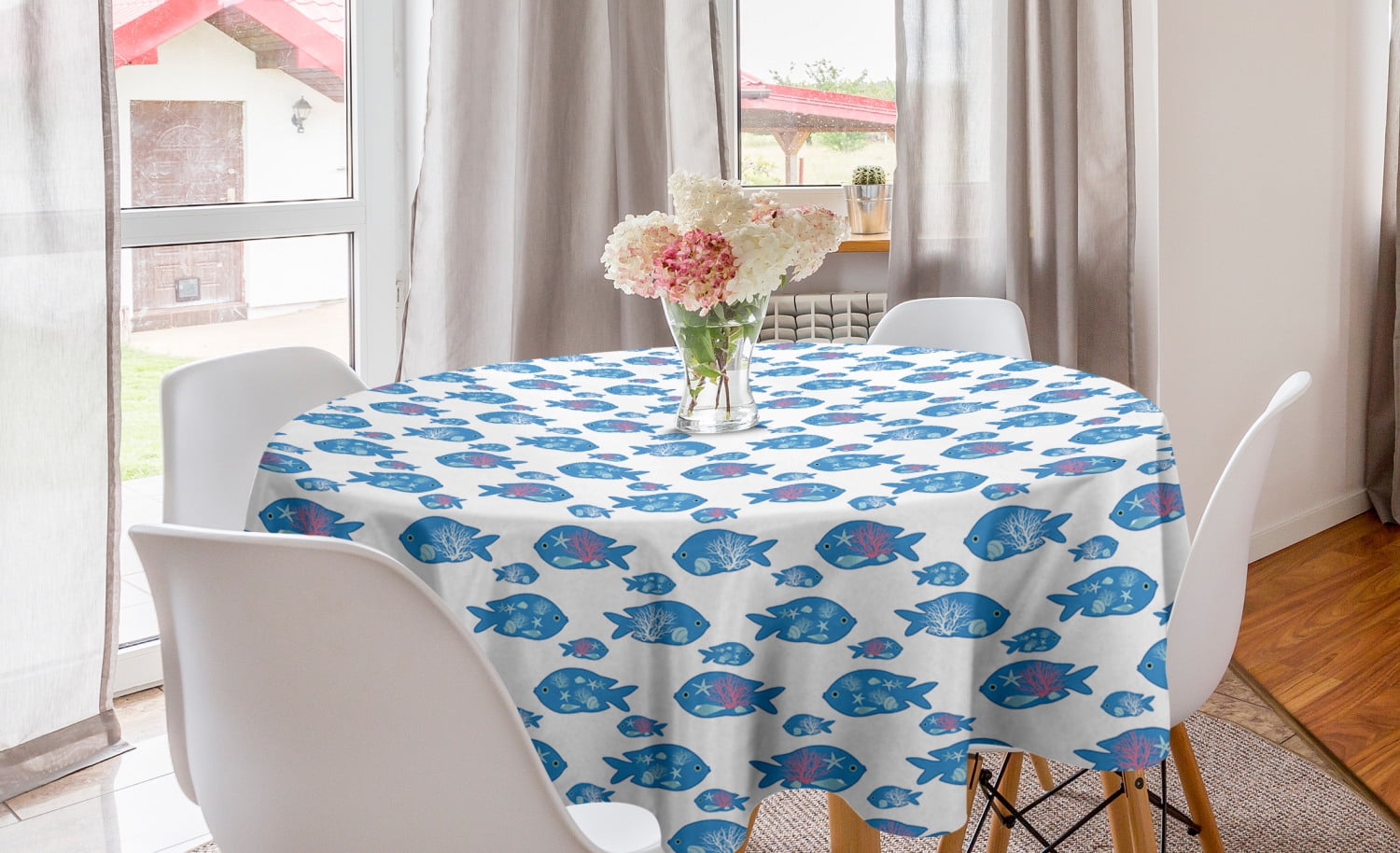Nautical Round Tablecloth, Underwater Elements in Abstract Fish Design