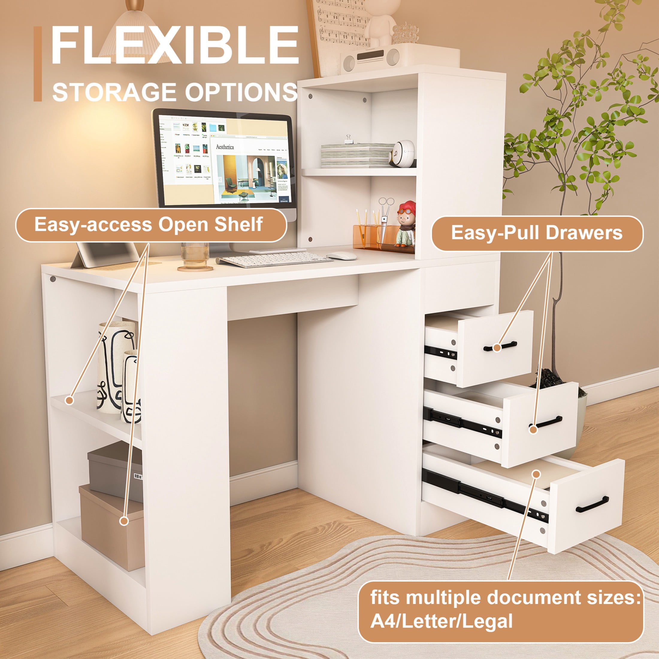 Noble House Computer Desk with Socket, 3 Drawers and 4 Storage Shelves, Modern Wooden Home Office Desk, White