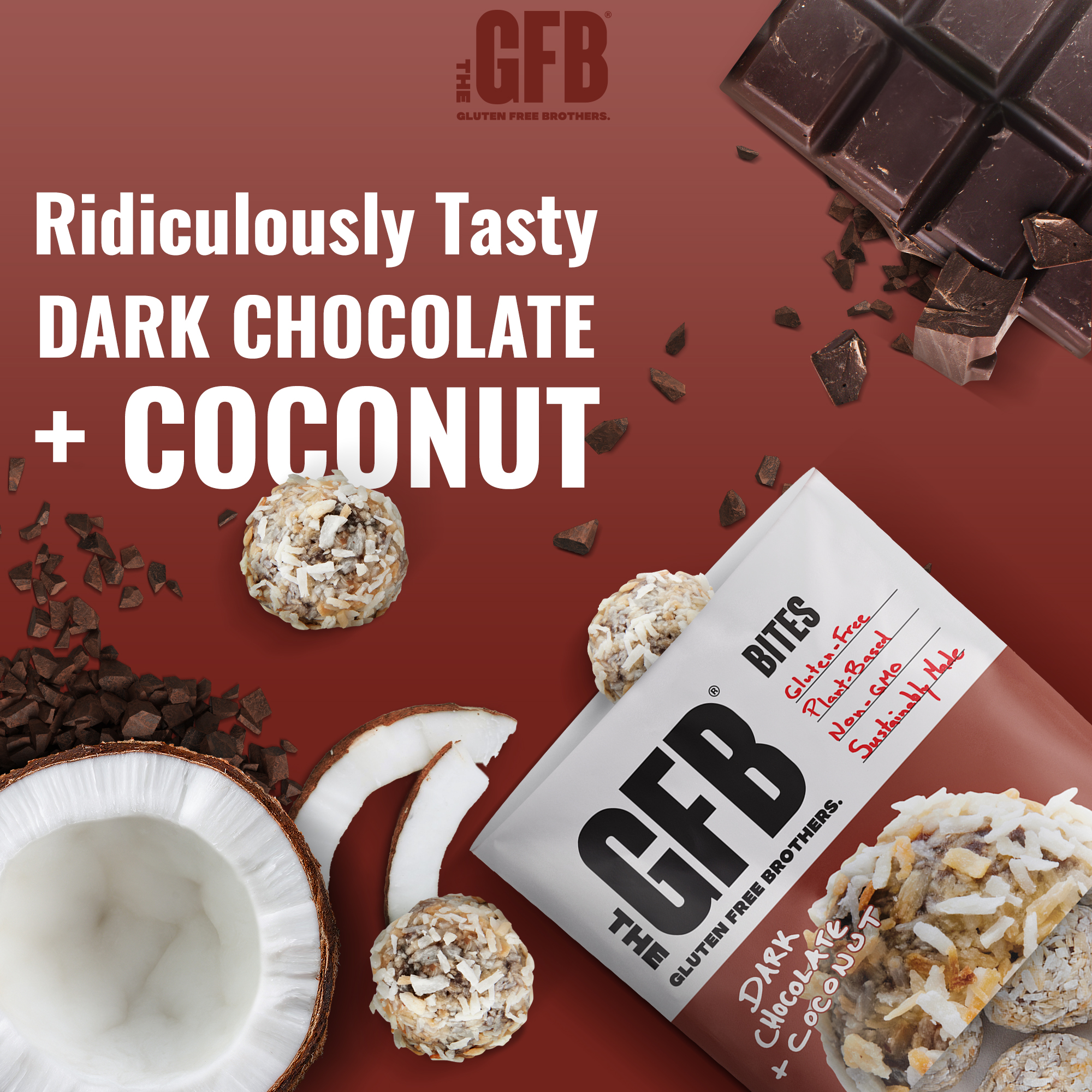 The Gluten Free Brothers, GFB Gluten Free Bites - Dark Chocolate Coconut – Non GMO, Soy Free, Vegan – Snack Size Plant Based Protein Energy Balls, 4 oz (6 Count)