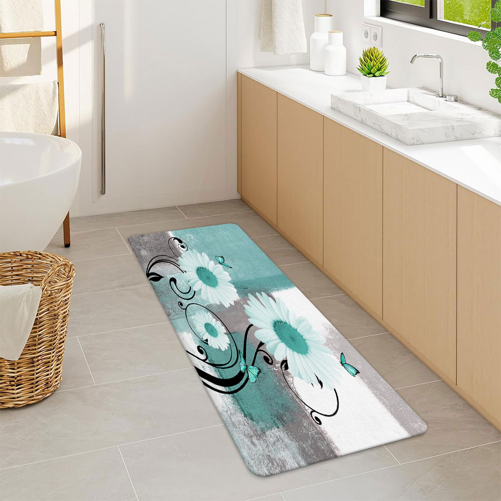 Rustic Farmhouse Bath Rug with Teal Daisies & Butterflies | Non-Slip Floral Floor Mat in Mint Green, 17x48 Inch