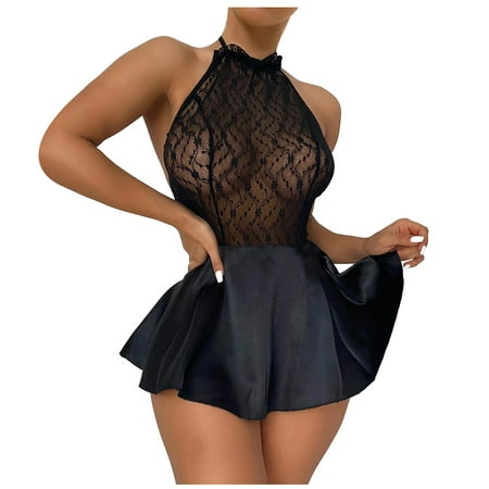 

EHTMSAK Sexy Lingerie for Women See Through Nightwear Halter Chemise Lace Lingerie Black M