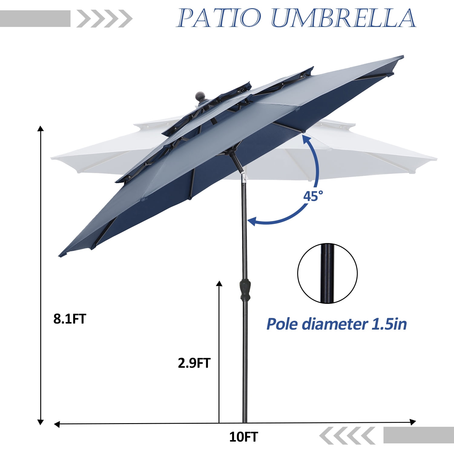 Autlaycil 10ft Navy Blue Patio Umbrella and Base with Push Button Tilt and Crank, 8 Sturdy Ribs UV Protection Waterproof for Garden, Table, Pool