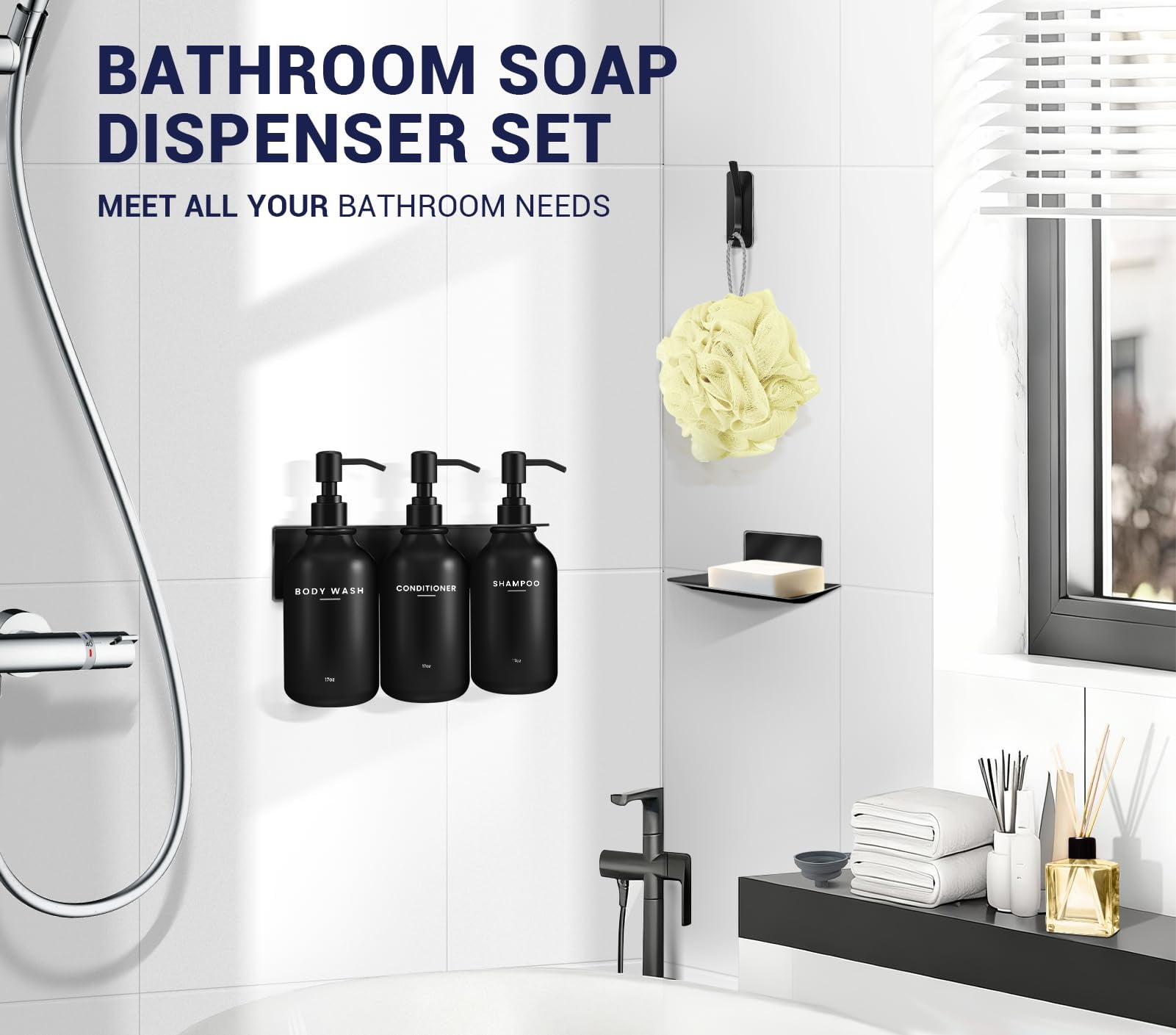 Shampoo and Conditioner Dispenser - Shower Soap Dispenser Wall Mounted - 17 fl oz Set of 3 Black Plastic Bottles Black Pump - Shampoo Dispenser, Shower Dispenser
