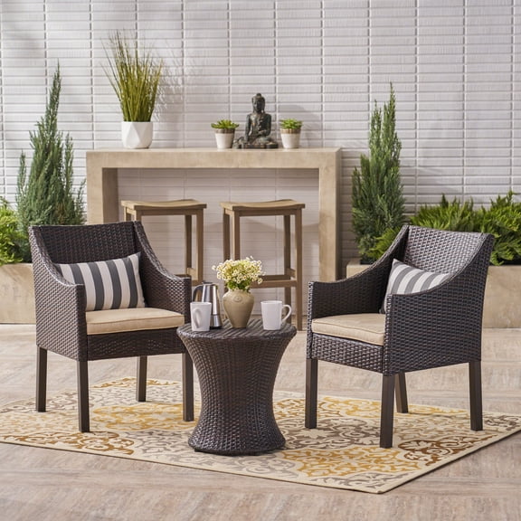 Ella Outdoor 3 Piece Wicker Chat Set with Cushions, Multibrown, Beige