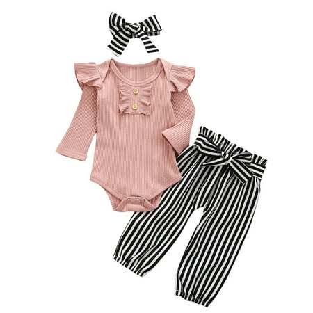 

Girls Outfits Baby Girls Ruffle Romper+Stripe Pants +Headbands Outfits Set Toddler Girl Outfits(Size:12-18 Months)