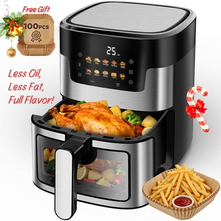 7.5Qt Air Fryer Oven, 10-in-1 Family Size with Visible Window & Light, Digital LED Touch Screen, 10 Preset Cookings, 95% Less Oil, Nonstick Easy Clean Basket, 100Pcs Liner