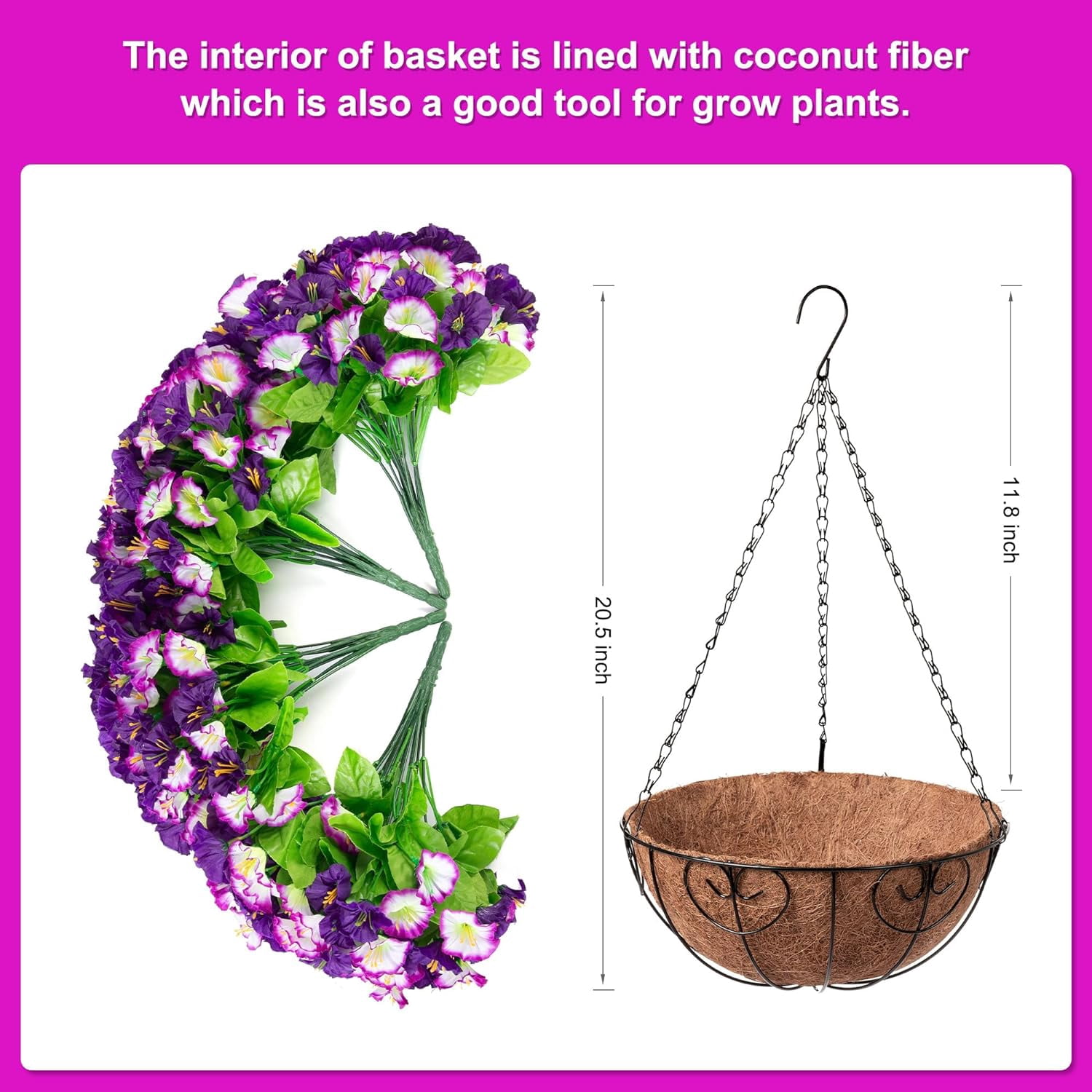 Artificial Fake Hanging Flowers with Basket, Faux Silk Morning Glory Flower Arrangement for Spring Summer Decor, Hanging Plant for Patio Garden Porch Outdoor Decor