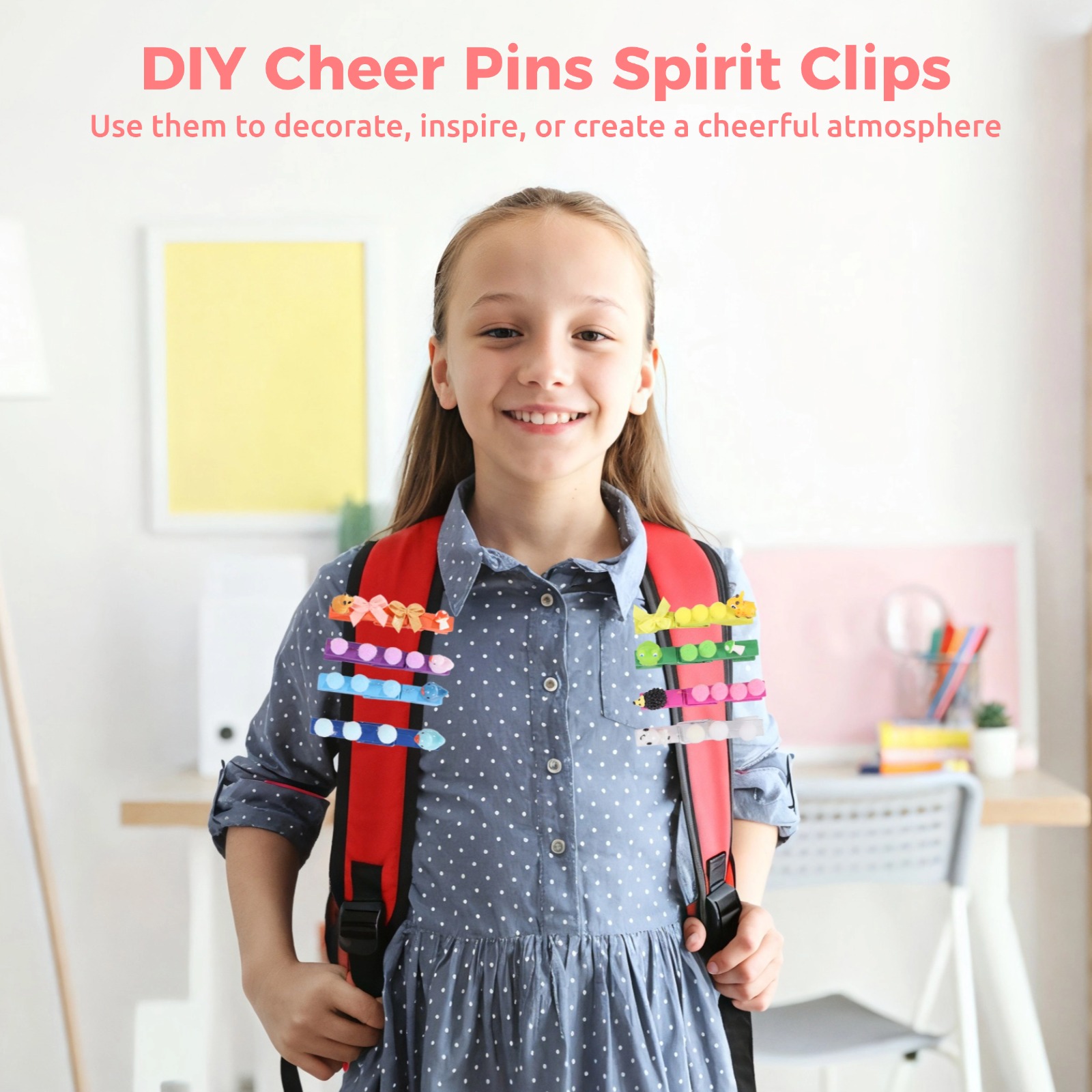392 PCS Cheer Pins Spirit Clips Set, DIY Cheer Clips for Backpack, Includes 100 Colorful Wooden Clips, Fluffy Balls, Fabric Bows, Resin Animal Figurines for Craft Projects