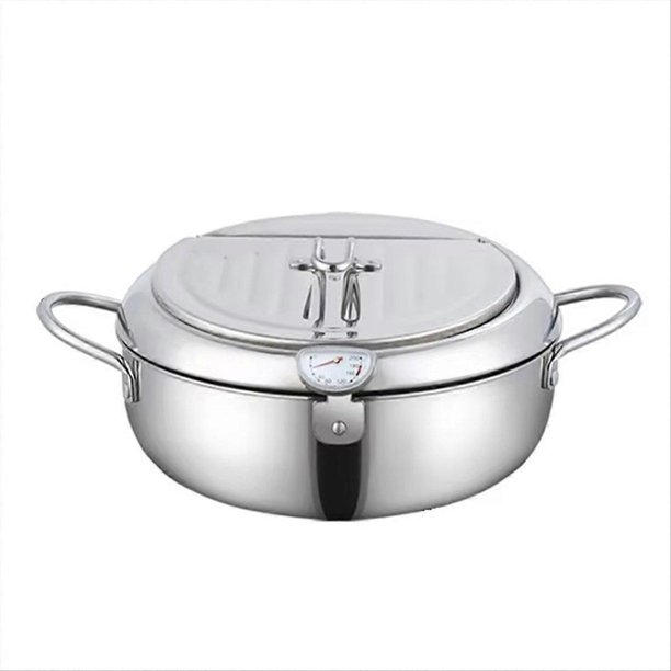 304 Stainless Steel Kitchen Tempura Fryer Pan Japanese Deep Frying Pot with A Thermometer and A Lid