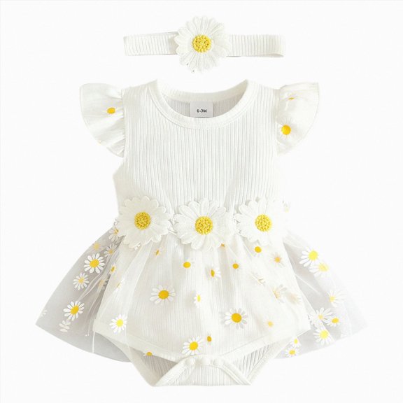 KPOPLK 2 Piece Baby Girl Outfit Summer Tulle Romper DressBubble Bodysuit and Bow Headband Set 0 3 6 9 12 18 Months(0-3 Months,White)