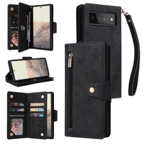 Feishell for Google Pixel 6 Pro Wallet Case with Wrist Strap,Premium PU Leather Zipper Pocket Magnetic Buckle Folio Flip ID Credit Card Slots Shockproof Kickstand Phone Case for Women Men,Black