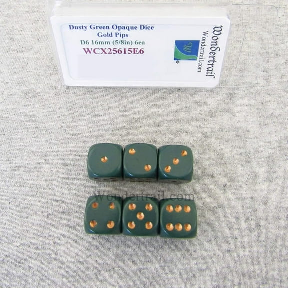 Dusty Green Opaque Dice with Gold Pips D6 16mm (5/8in) Pack of 6 Wondertrail