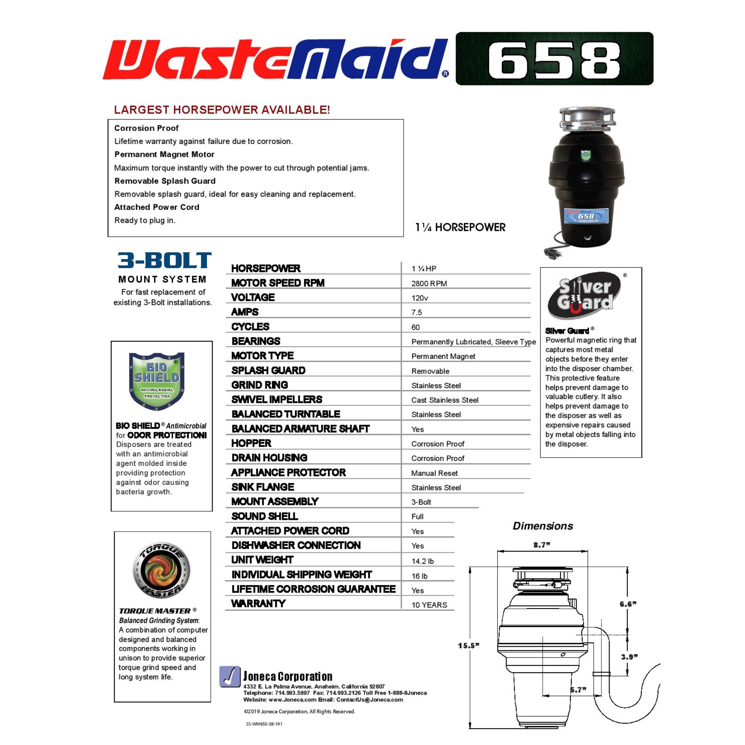 Waste Maid 1-1/4 HP Premium Garbage Disposal, Continuous Feed 10-US-WM-658-3B 