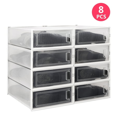 WAYTRIM Set of 8 Stackable Clear Plastic Containers Foldable Transparent Shoe Storage Box Organizer in Home