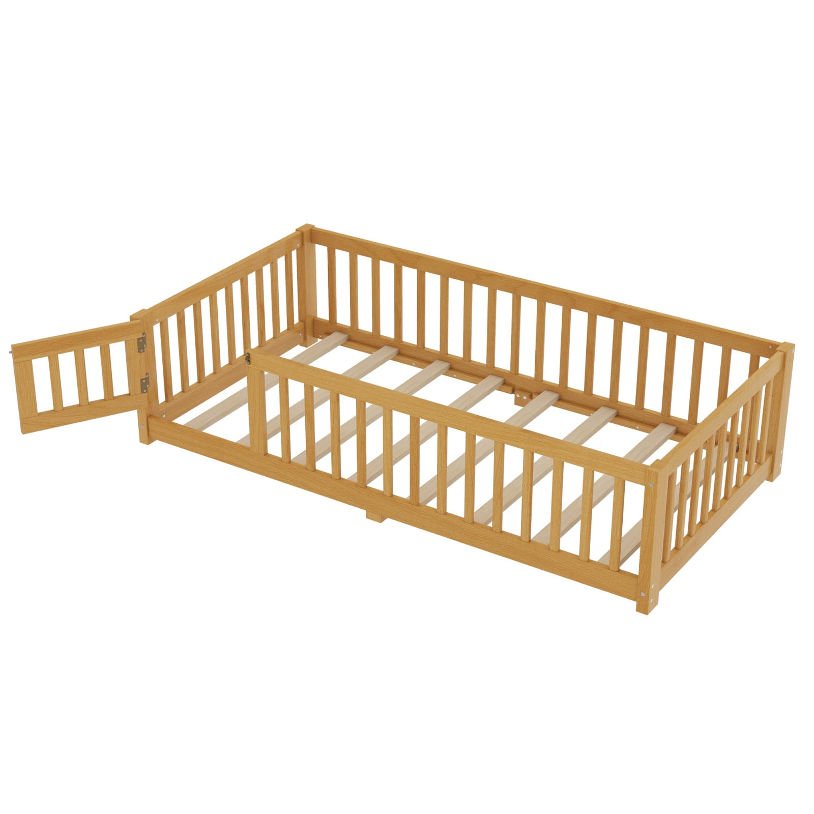 Twin Size Floor Bed with Safety Guardrails & Door, Low Profile Bed Frame, Montessori Style