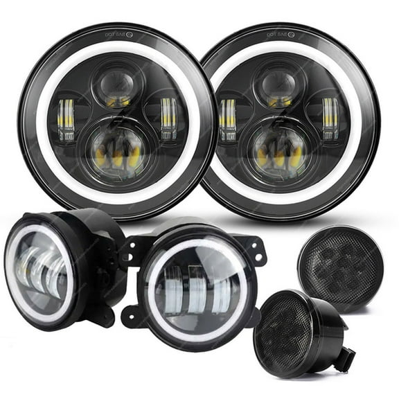 7" Halo LED Headlights 4" Fog Lights Turn Signal Lamps Combo For Jeep JK 2007-17