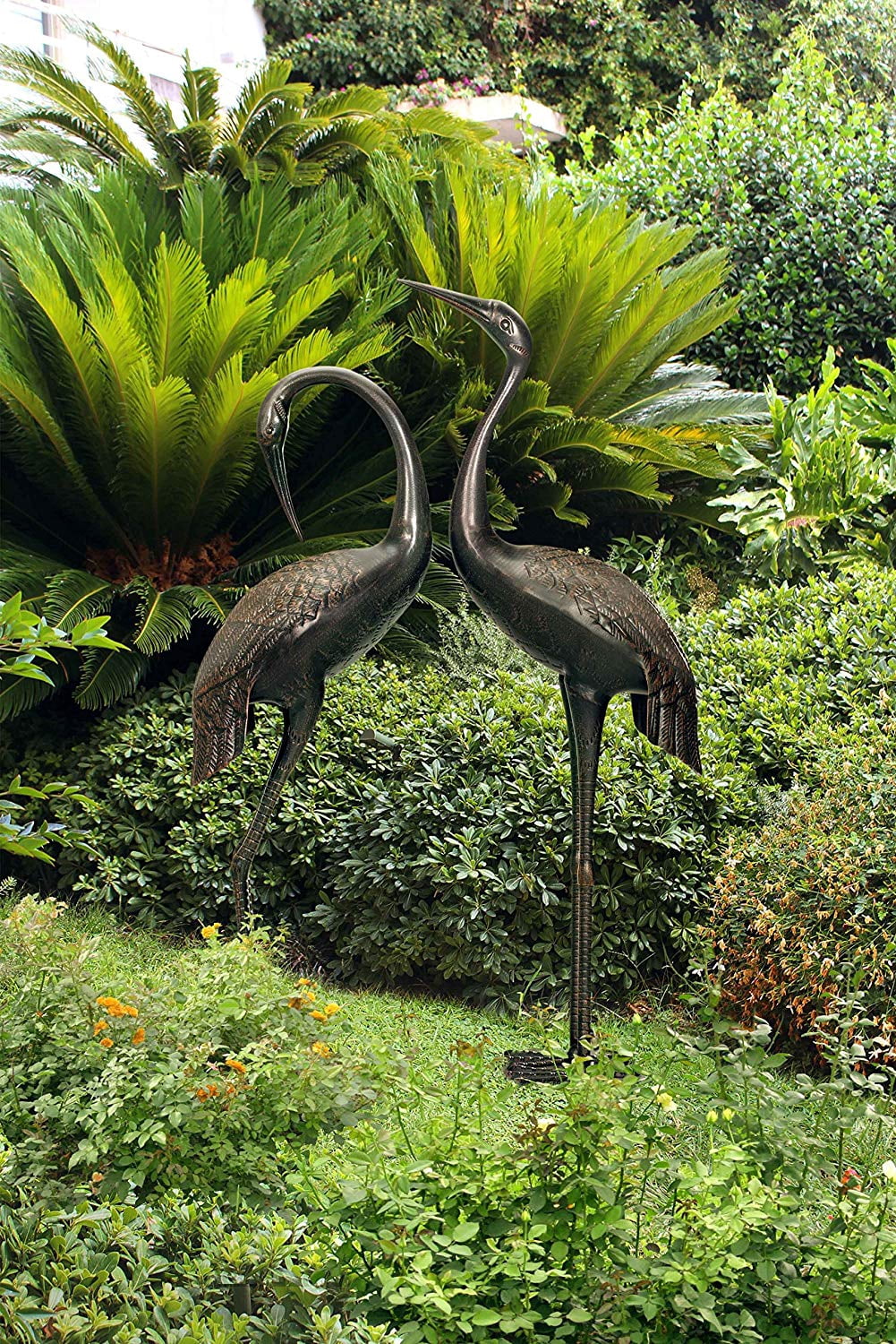 Westcharm Antique Bronze Garden Crane Pair Statue - Upright and Preening Sculpture Set (Male 19" W x 10" D x 43.5" H; Female 12" W x 10" D x 39.5" H)