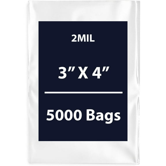 Clear Flat Poly Bags, 2Mil 3" X 4" & 5000 Bags | Low-Density Polyethylene (LDPE), Flat Open Top Plastic Packaging Packing | Flexible and Durable Plastic Bags