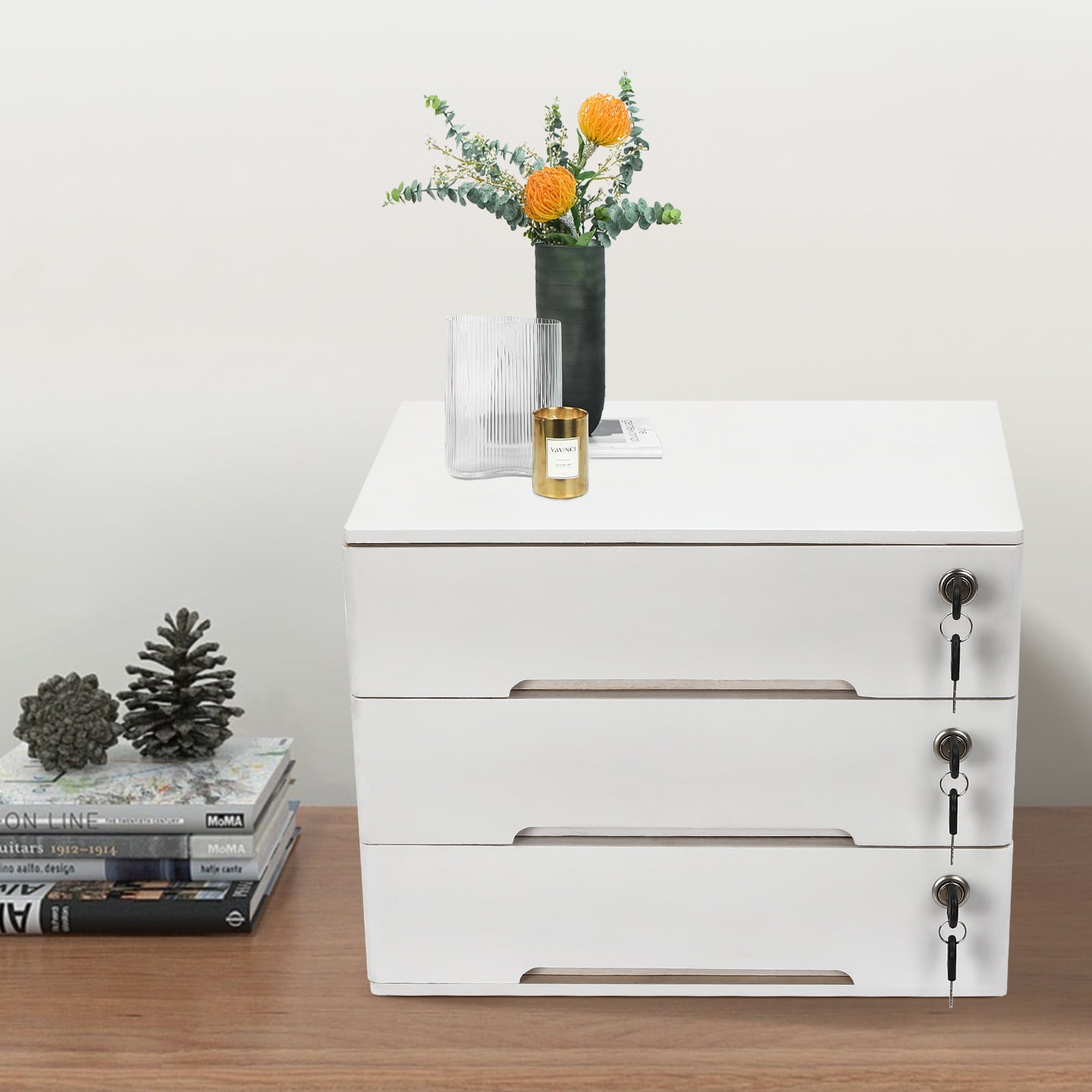Wooden Desktop Storage Box with Lockable Drawers, Office Supplies File Organizer, Flat File Cabinet  Placed In The Office, Study, Dresser