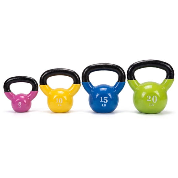 Fitvids Vinyl-Coated Kettlebell Exercise Weights, Set of 5, 10, 15, and 20 lb, Multicolor