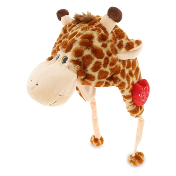 DolliBu I LOVE YOU Super Soft Plush Giraffe Hat - Cute Stuffed Animal with Red Heart For Valentine, Anniversary, Romantic Date, Costume Wild Life Plush Hat Gift For Boyfriend or Girlfriend - 17"