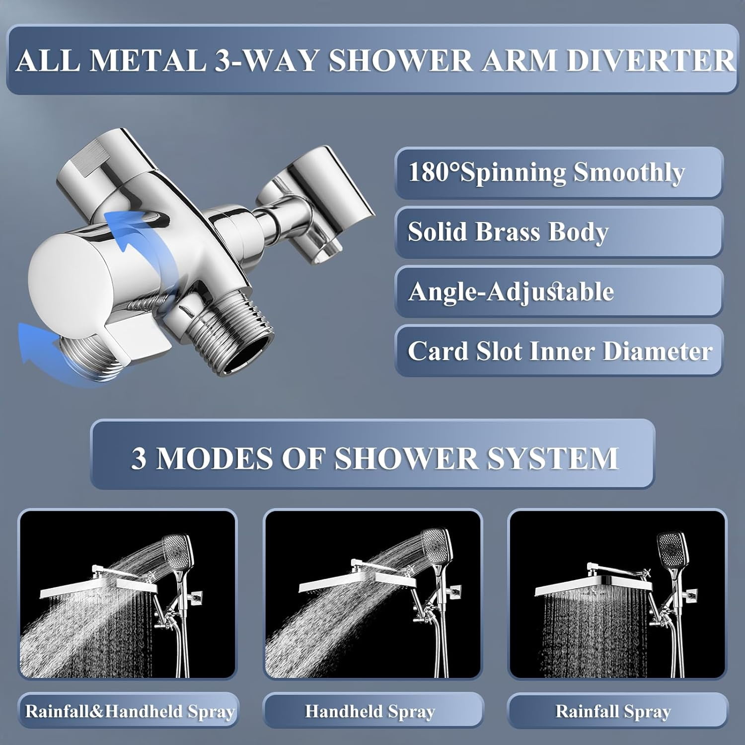 Shower Head with Handheld, Dual Shower Head with Extention Arm, High Pressure Rain Shower Heads, Rainfall Waterfall Showerhead with 3-Way Diverter - Height/Angle Adjustable